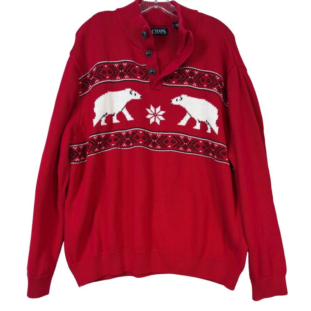 Chaps Mens XXL Red Polar Bear Fair Isle Cotton Mock Neck Quarter Button Sweater